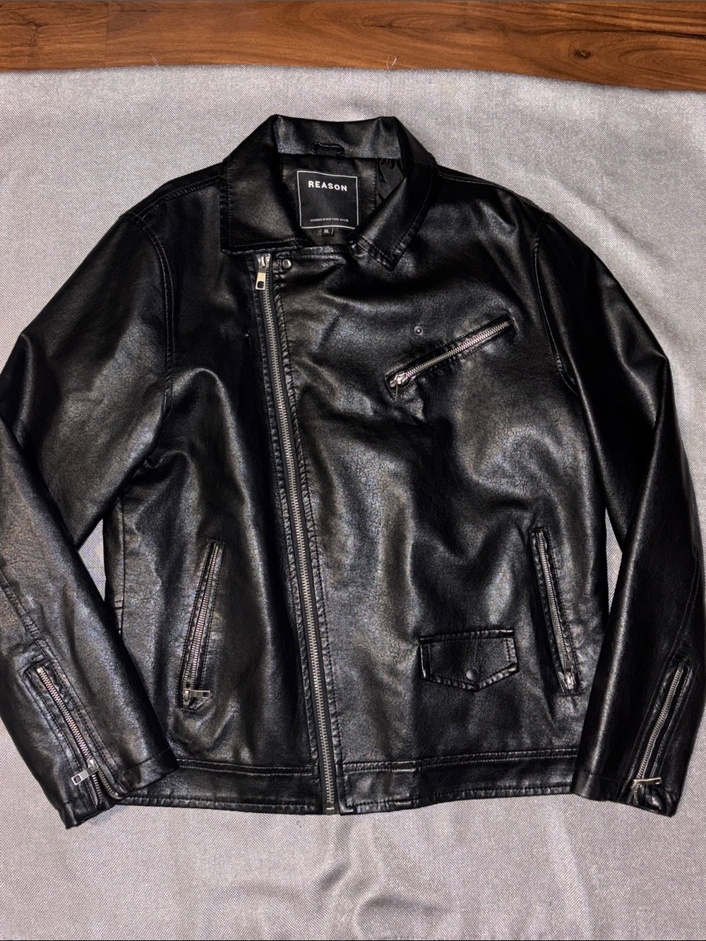 Brand New Reason Black Faux Leather Asymmetrical Moto Jacket size XL